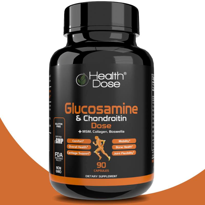 Health Dose Premium Glucosamine plus Joint Support MSM, Turmeric, Collagen, Ashwagandha Boswellia & Hyaluronic Acid- 90 Counts Unisex Supplements