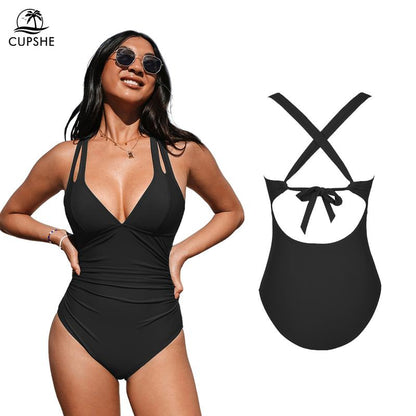 CUPSHE Women'S One Piece Swimsuit Casual Beachwear Tummy Control Deep V Neck Double Straps Crisscross Back Tie Bathing Suit Clothing Swimwear