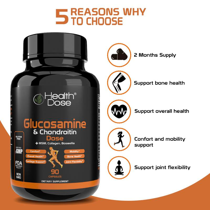 Health Dose Premium Glucosamine plus Joint Support MSM, Turmeric, Collagen, Ashwagandha Boswellia & Hyaluronic Acid- 90 Counts Unisex Supplements