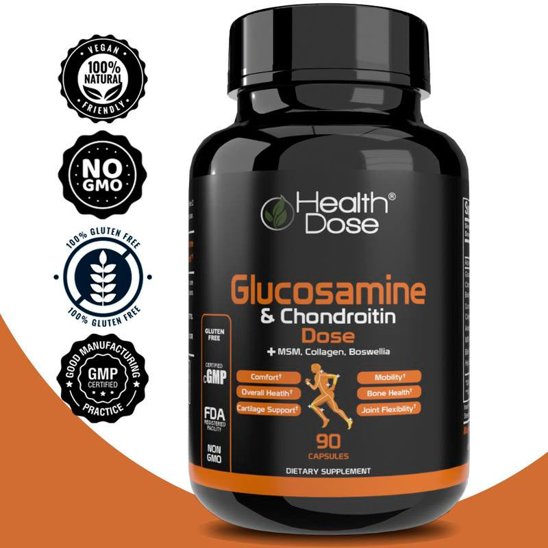 Health Dose Premium Glucosamine plus Joint Support MSM, Turmeric, Collagen, Ashwagandha Boswellia & Hyaluronic Acid- 90 Counts Unisex Supplements