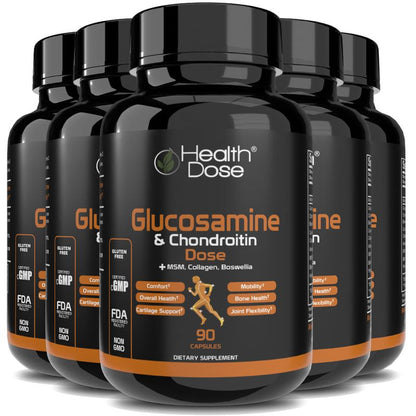 Health Dose Premium Glucosamine plus Joint Support MSM, Turmeric, Collagen, Ashwagandha Boswellia & Hyaluronic Acid- 90 Counts Unisex Supplements